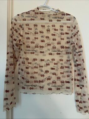 Hello Kitty Cream Mesh Long-Sleeve Top with Red Bow Print